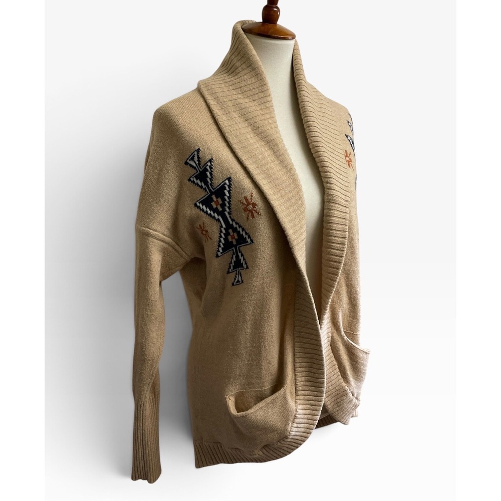 Gianni Bini Southwestern Shawl Collar Cardigan Womens Large Tan Cotton Wool